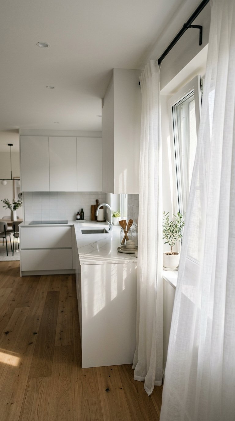 Sheer White Voile Panels for a Light-Filled Modern Kitchen