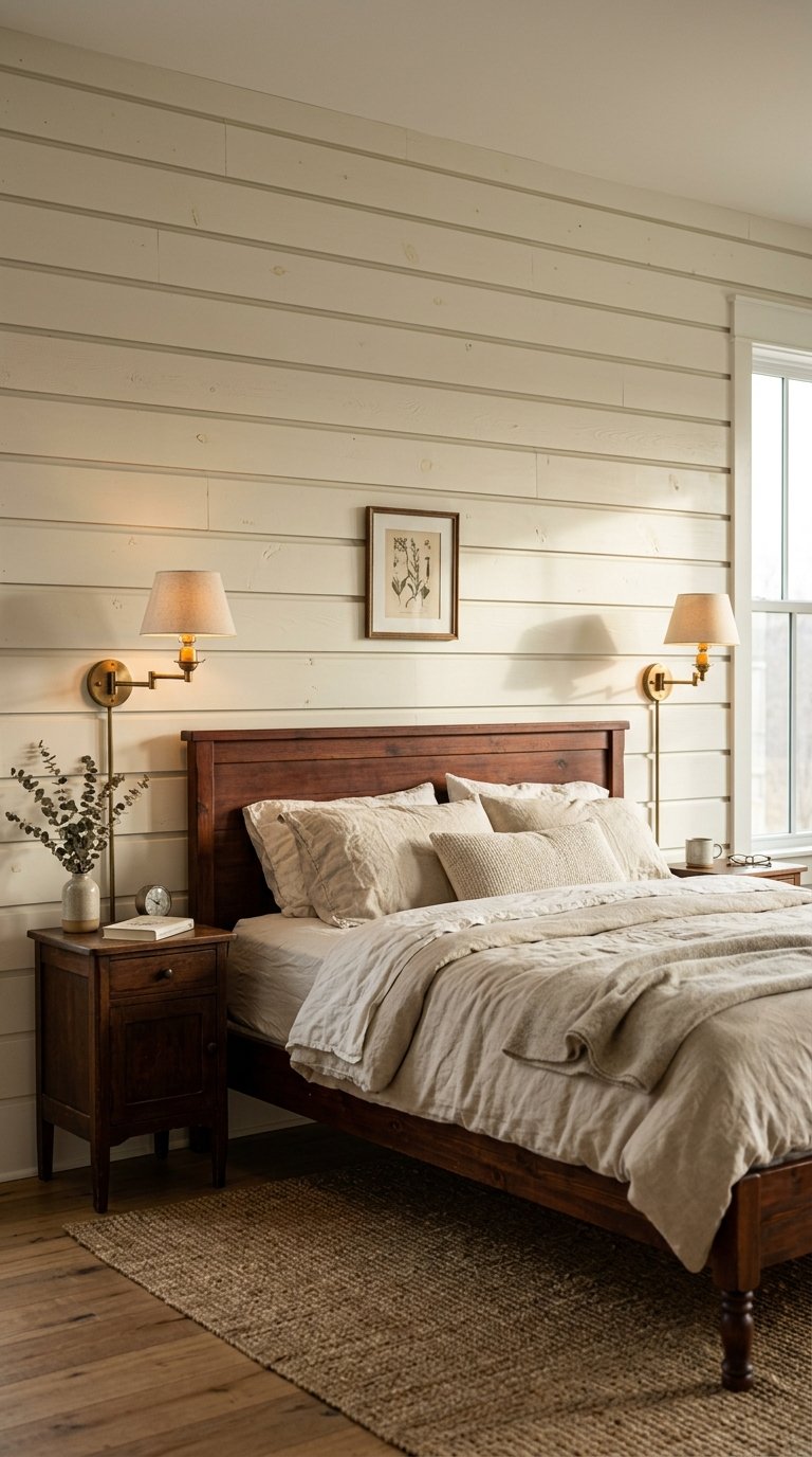 Shiplap Accent Wall Behind the Bed for Farmhouse Character