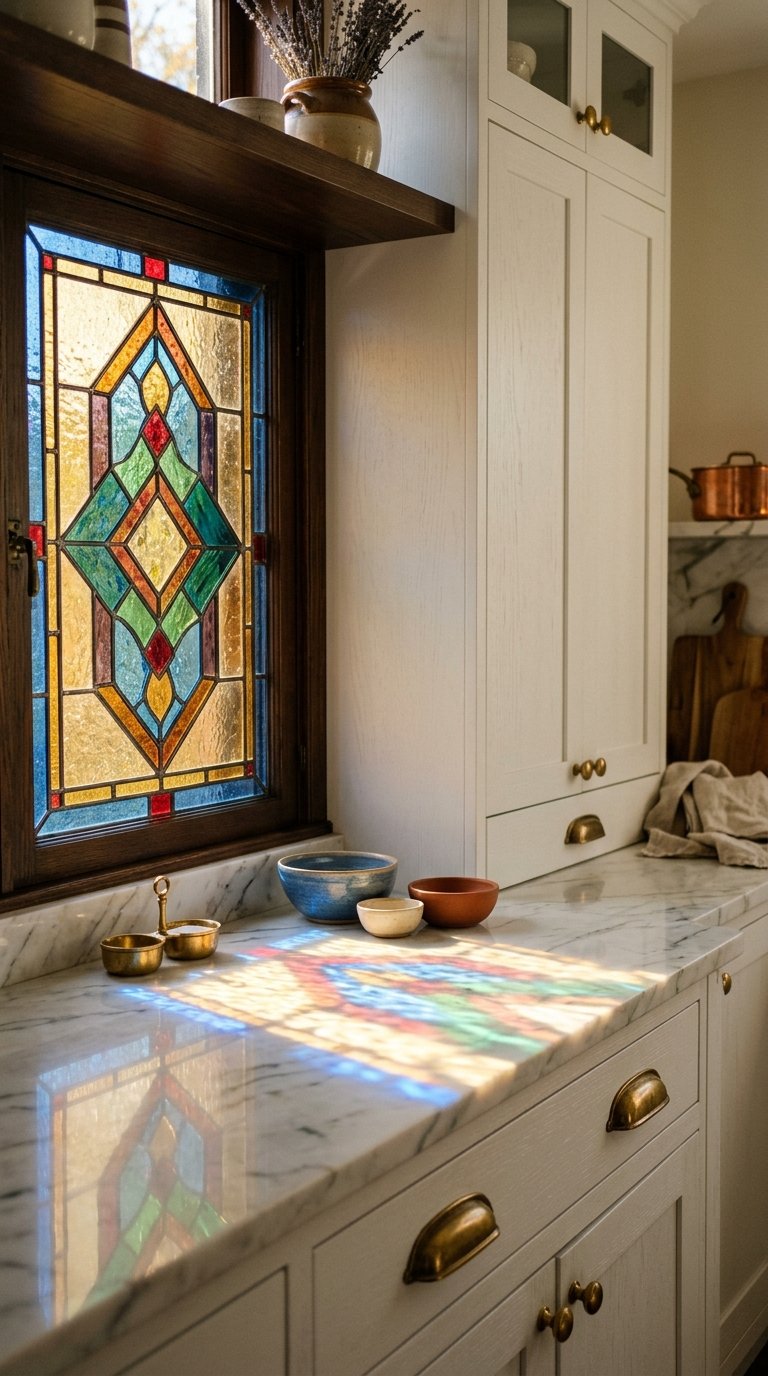 Stained Glass Panels as Fixed Kitchen Window Art