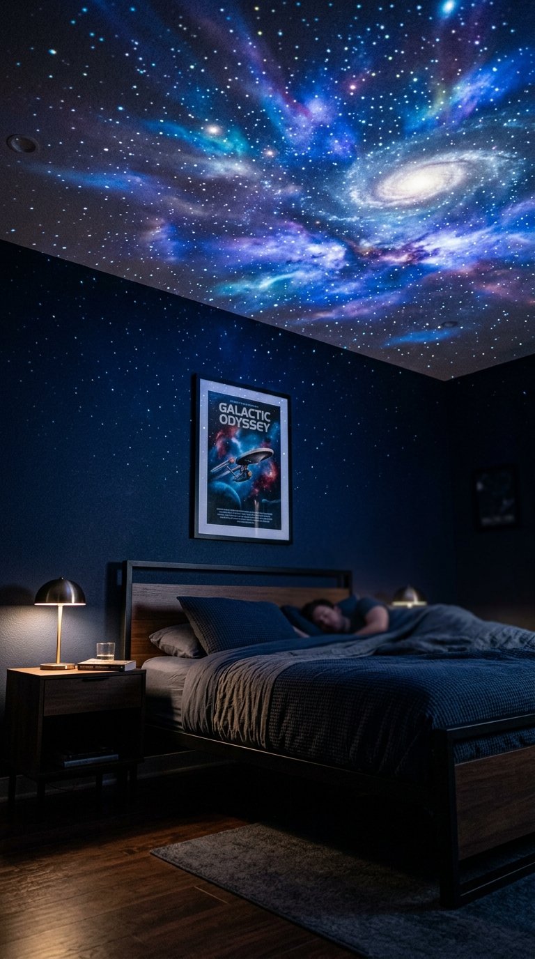 Star Wars Bedroom With Dark Walls and Galaxy Lighting