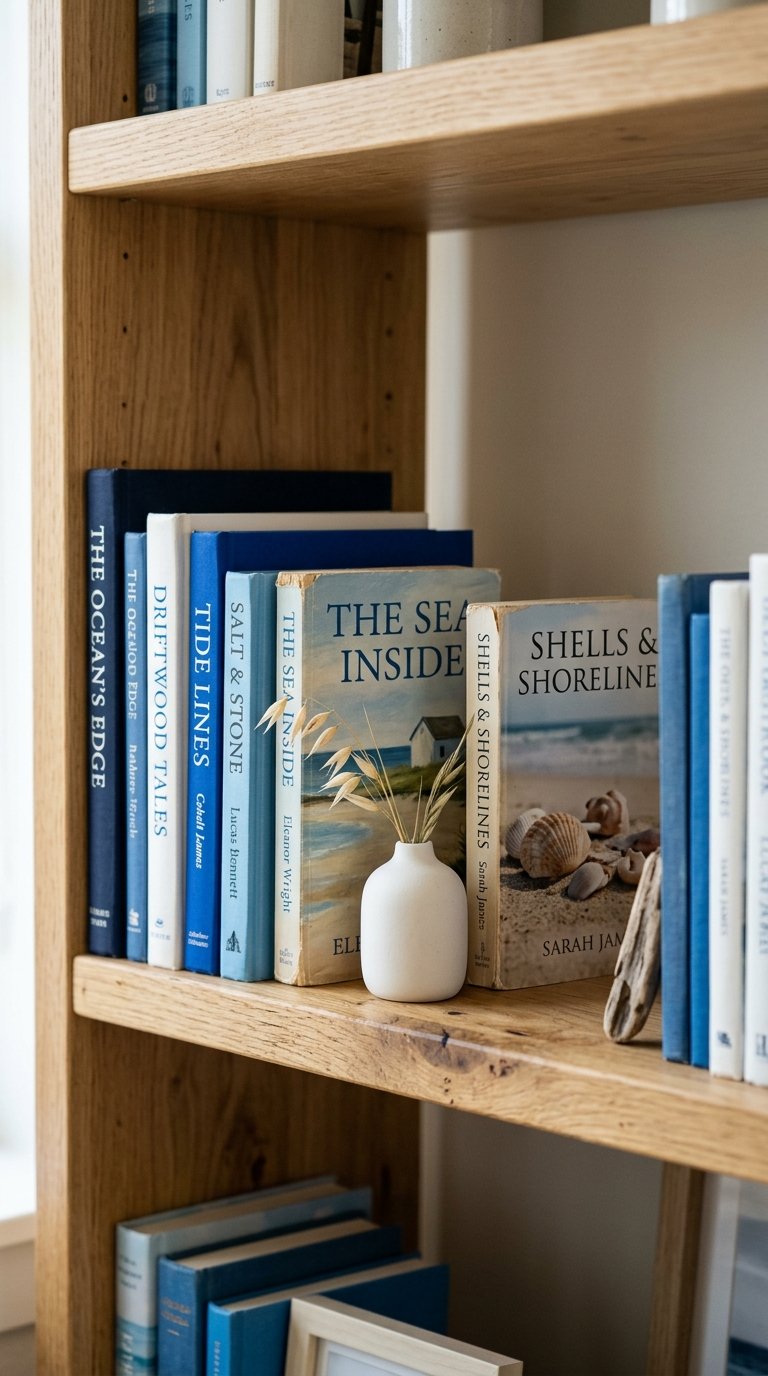 Style Open Shelves With Blue and White Books