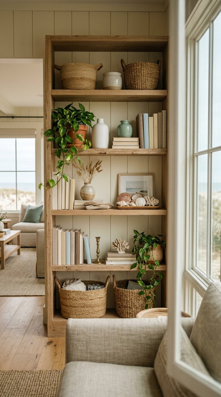 Style Your Living Room Bookshelf with Coastal Objects and Books