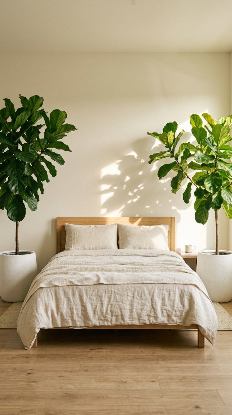 Tall Indoor Plants Flanking the Bed