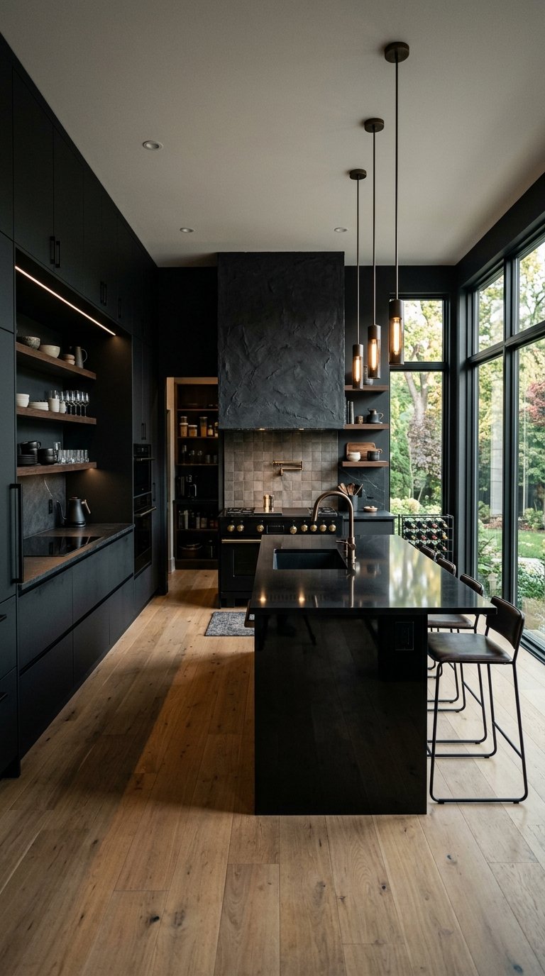 The Full Black Kitchen Cabinets, Island, and Range Hood