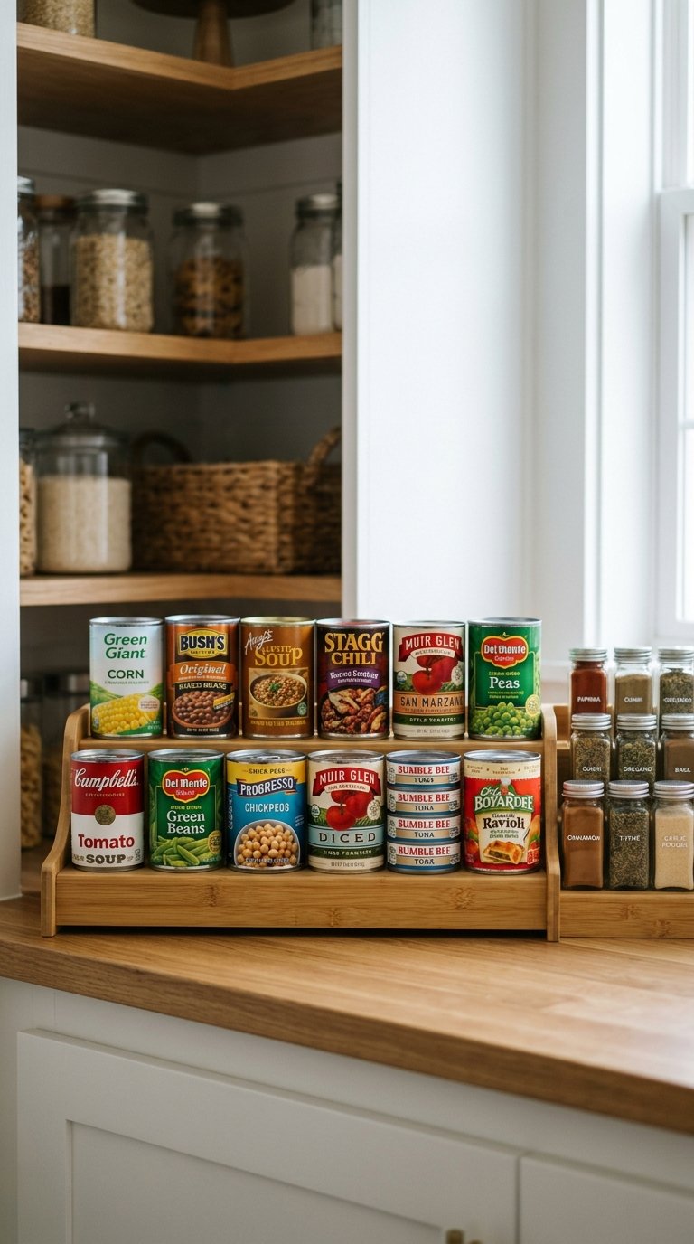 Tiered Shelf Risers Inside a Pantry Cabinet