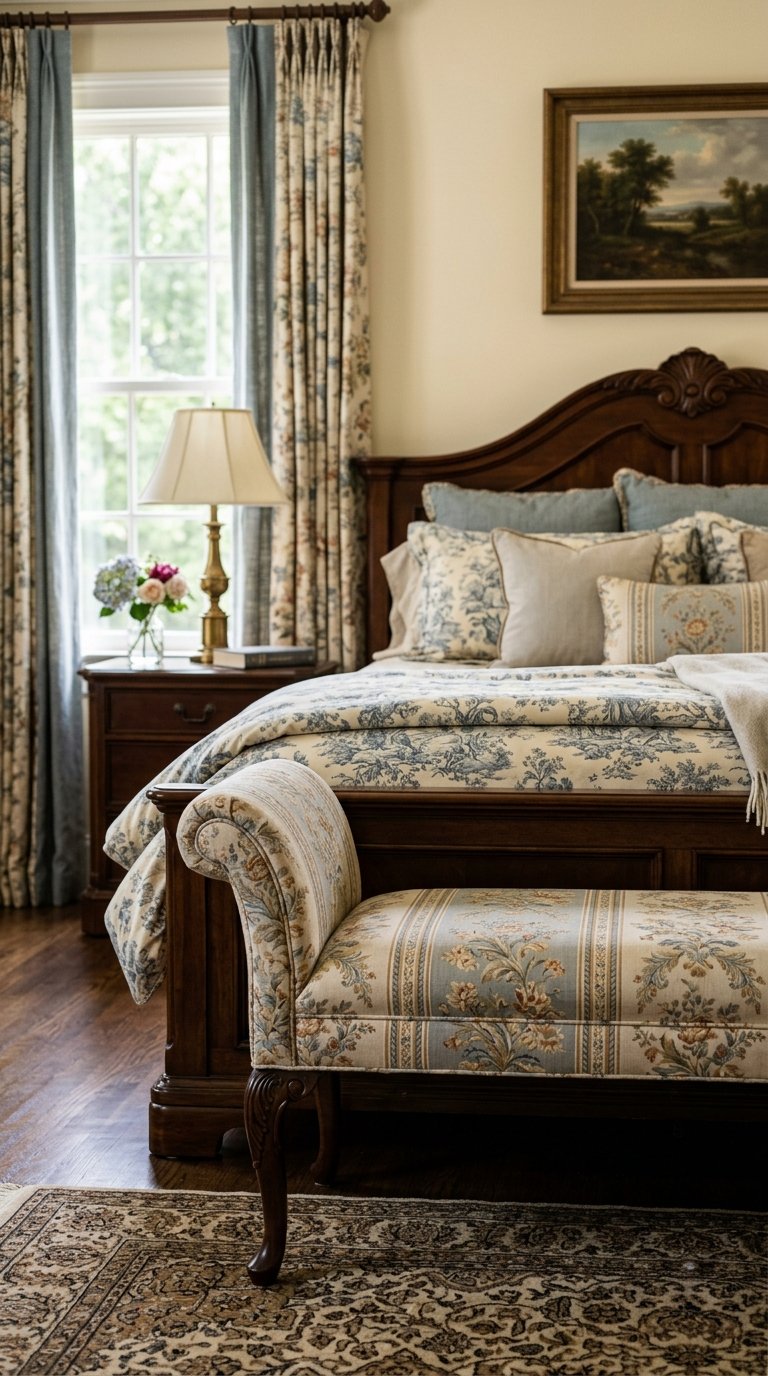 Upholstered Bench in a Patterned Fabric for a Traditional Bedroom