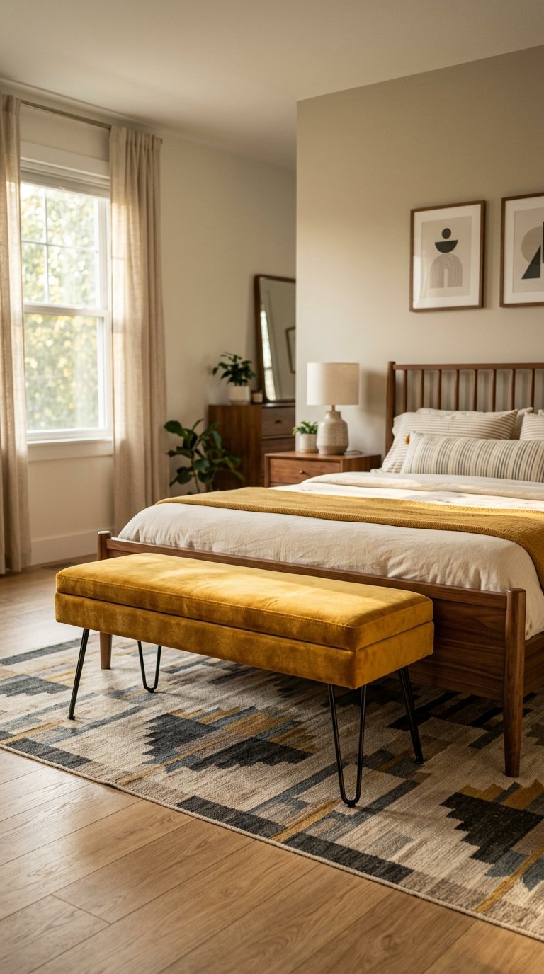 Upholstered Bench with Hairpin Legs for a Mid-Century Modern Bedroom