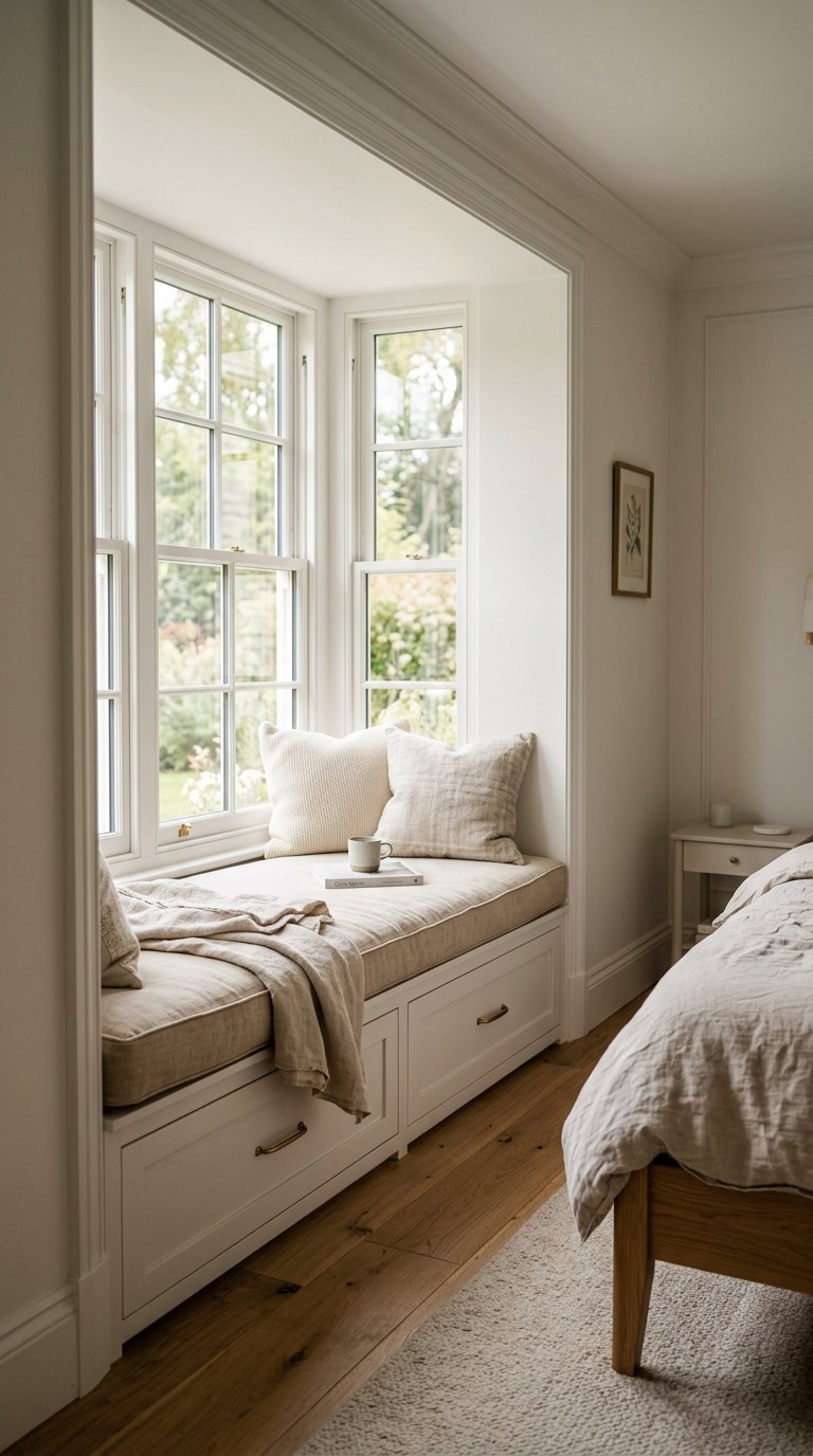Upholstered Window Seat Bench Built Into an Alcove