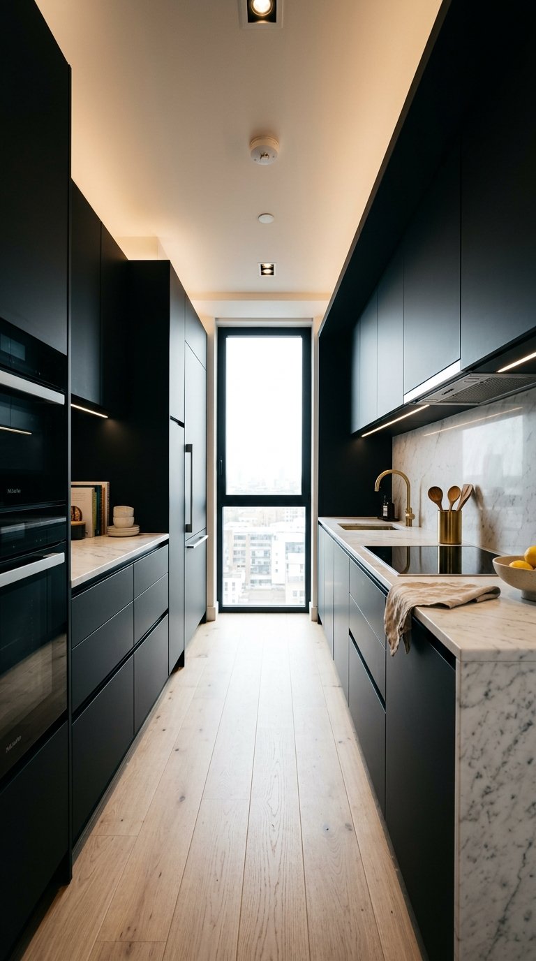Use Black Cabinets in a Galley Kitchen for a Dramatic Corridor Effect
