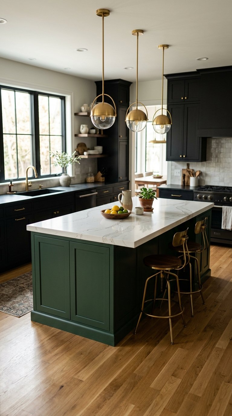 Use Black Cabinets in a Two-Tone Kitchen with Forest Green