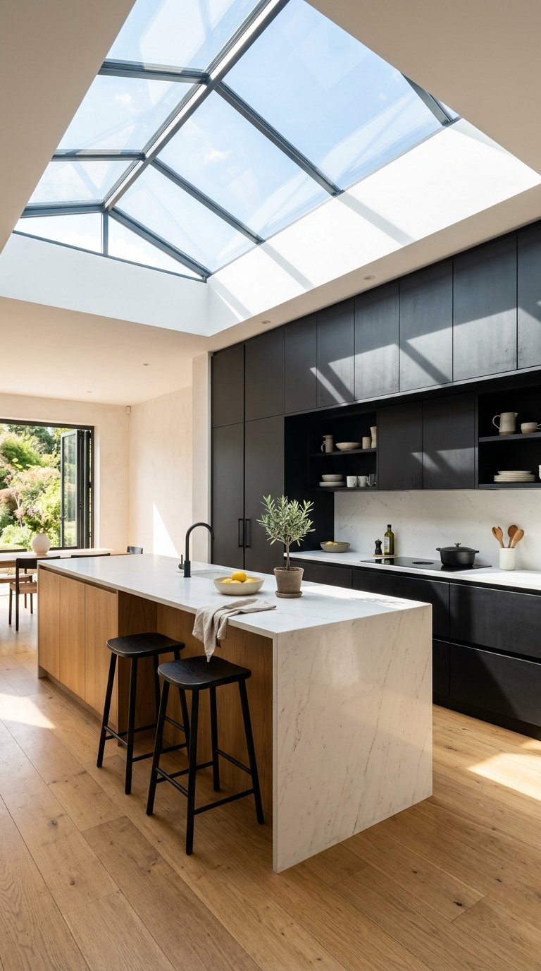 Use Black Cabinets with a Skylight or Roof Window for Maximum Light