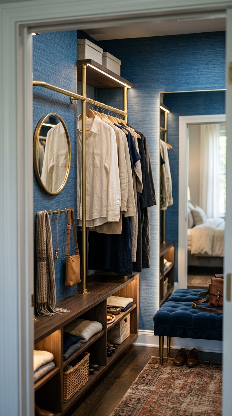 Use Blue Grasscloth on a Closet Interior for a Surprise Detail