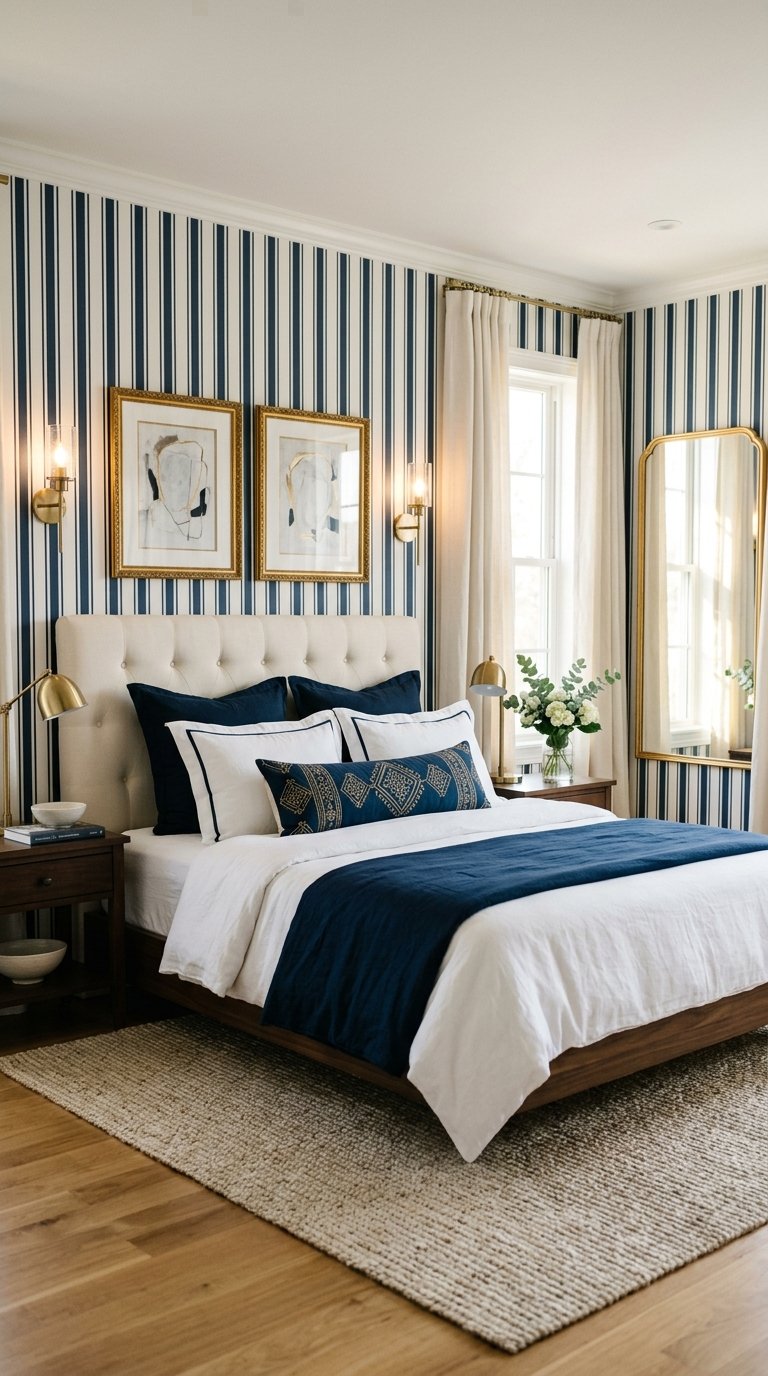 Use Blue and White Striped Walls with Gold Accents