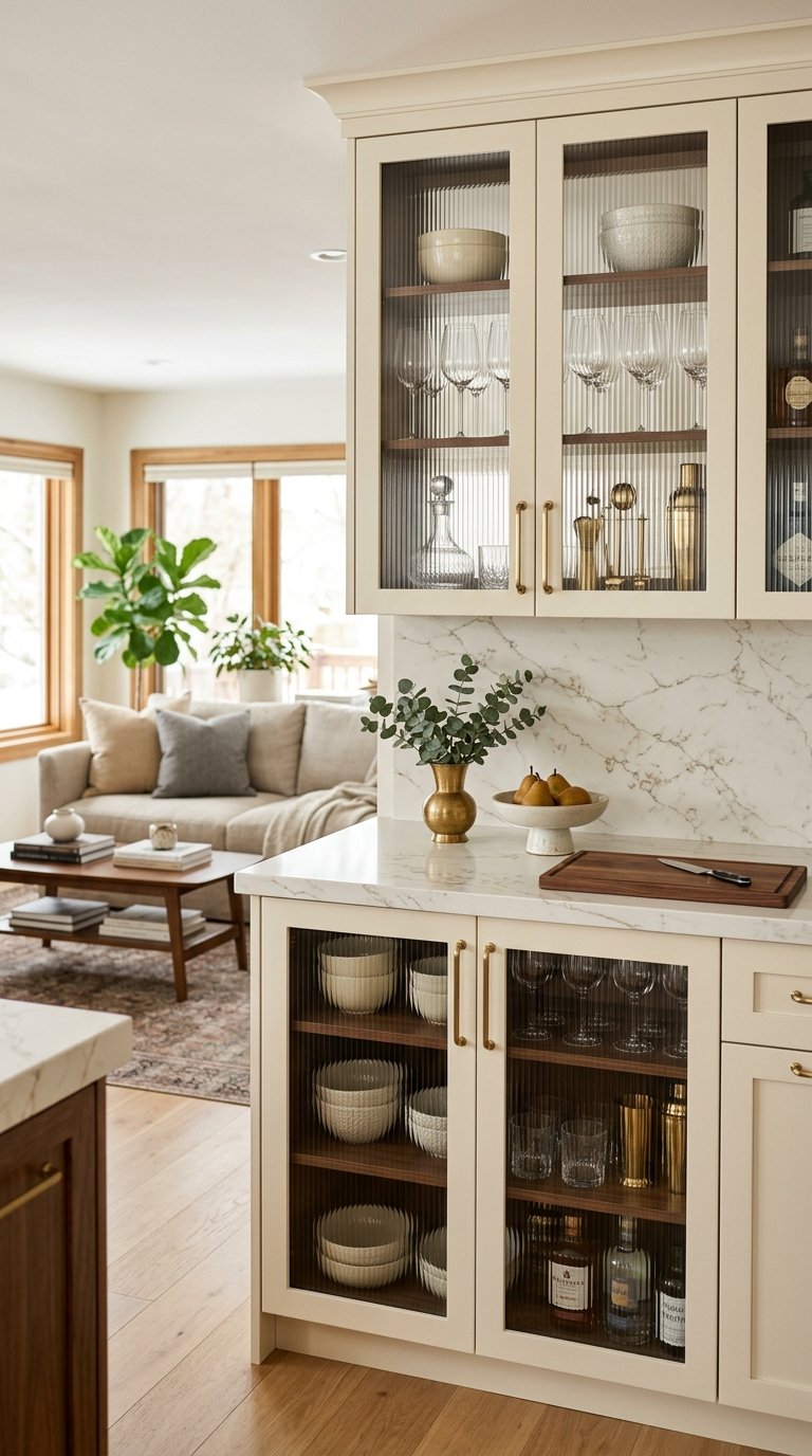 Use Glass-Front Cabinet Doors on the Peninsula Living Room Side
