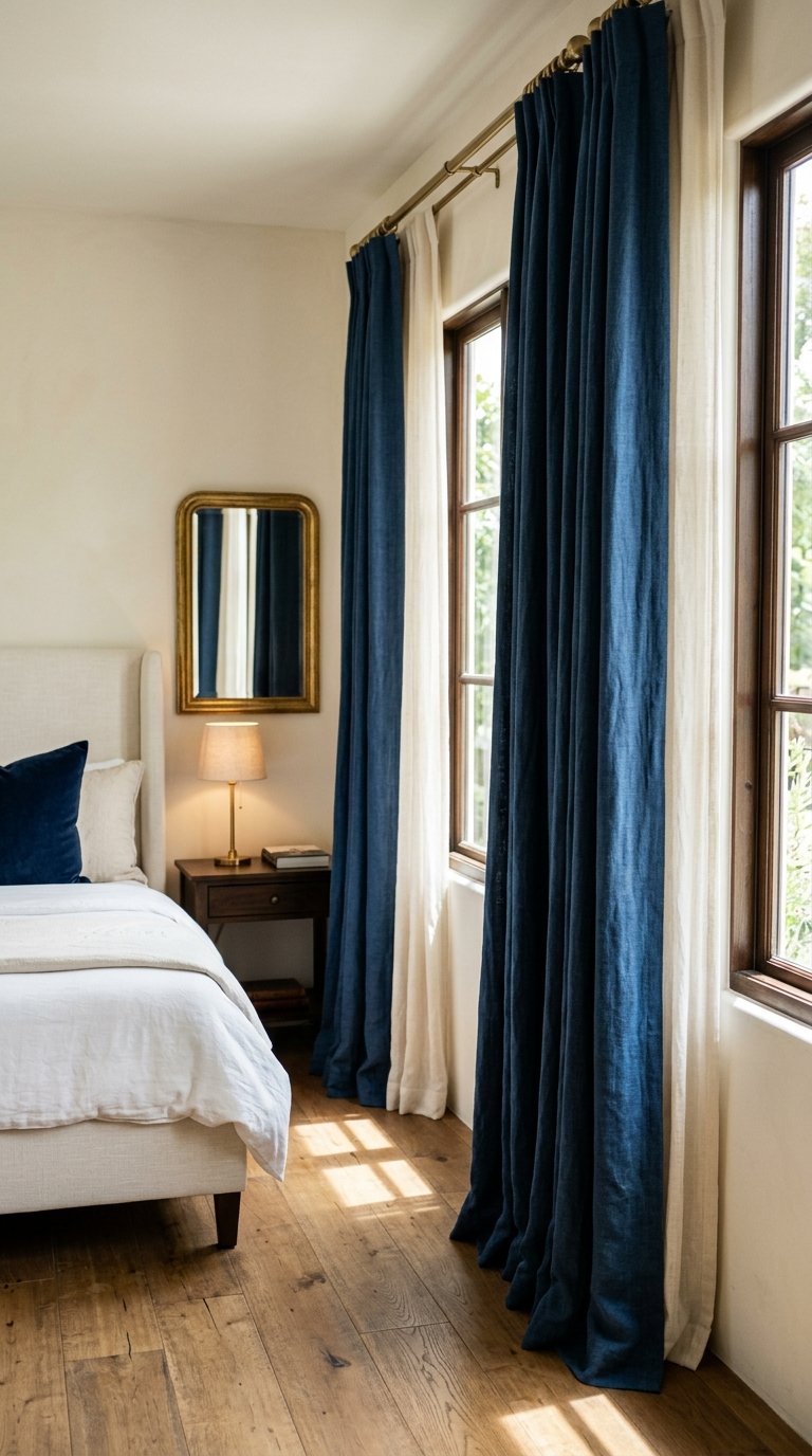 Use Indigo Blue Linen Curtains with Brass Curtain Rods