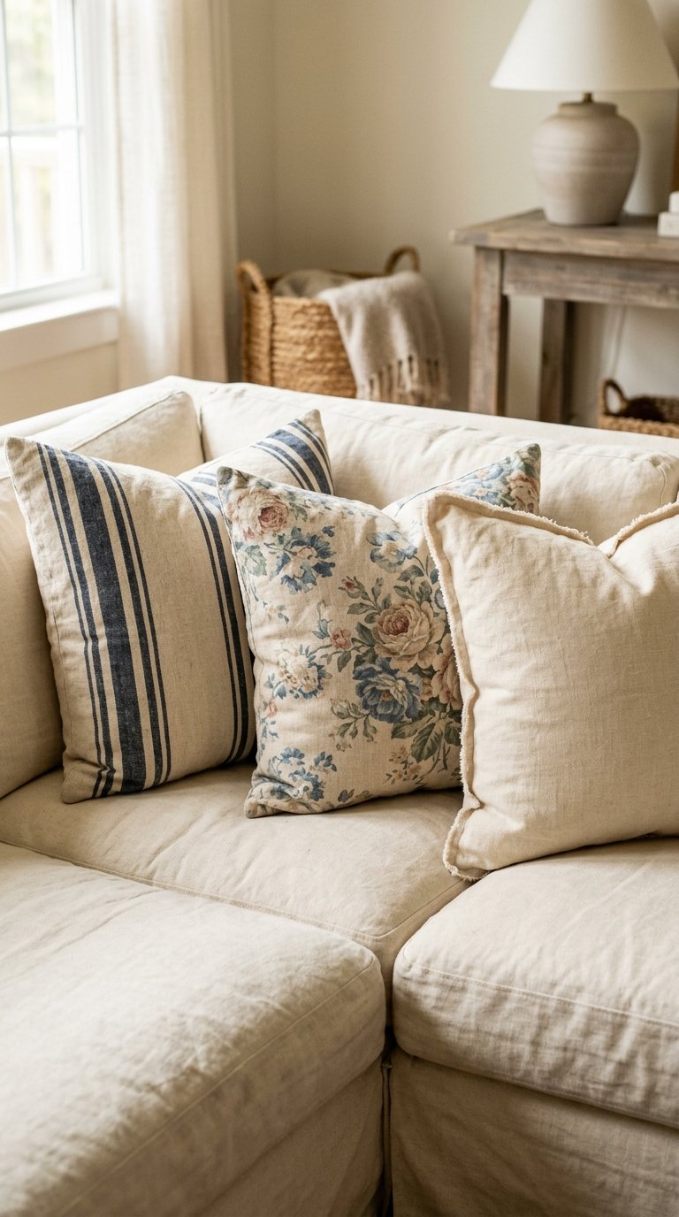 Use Linen Throw Pillows in Mixed Patterns