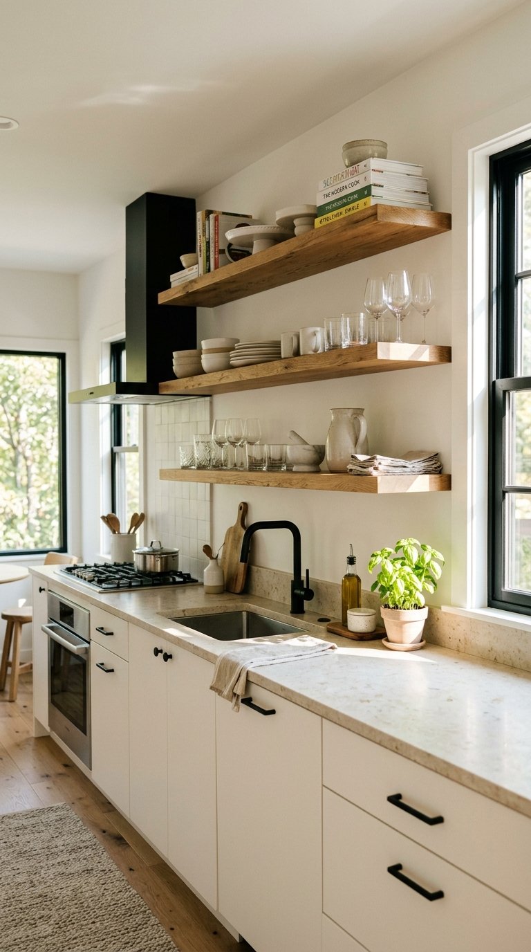 Use Open Shelving to Replace Upper Cabinets