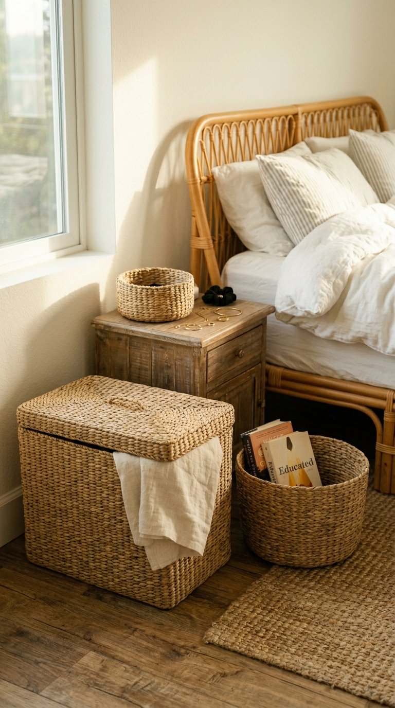 Use Seagrass and Woven Baskets for Bedroom Storage