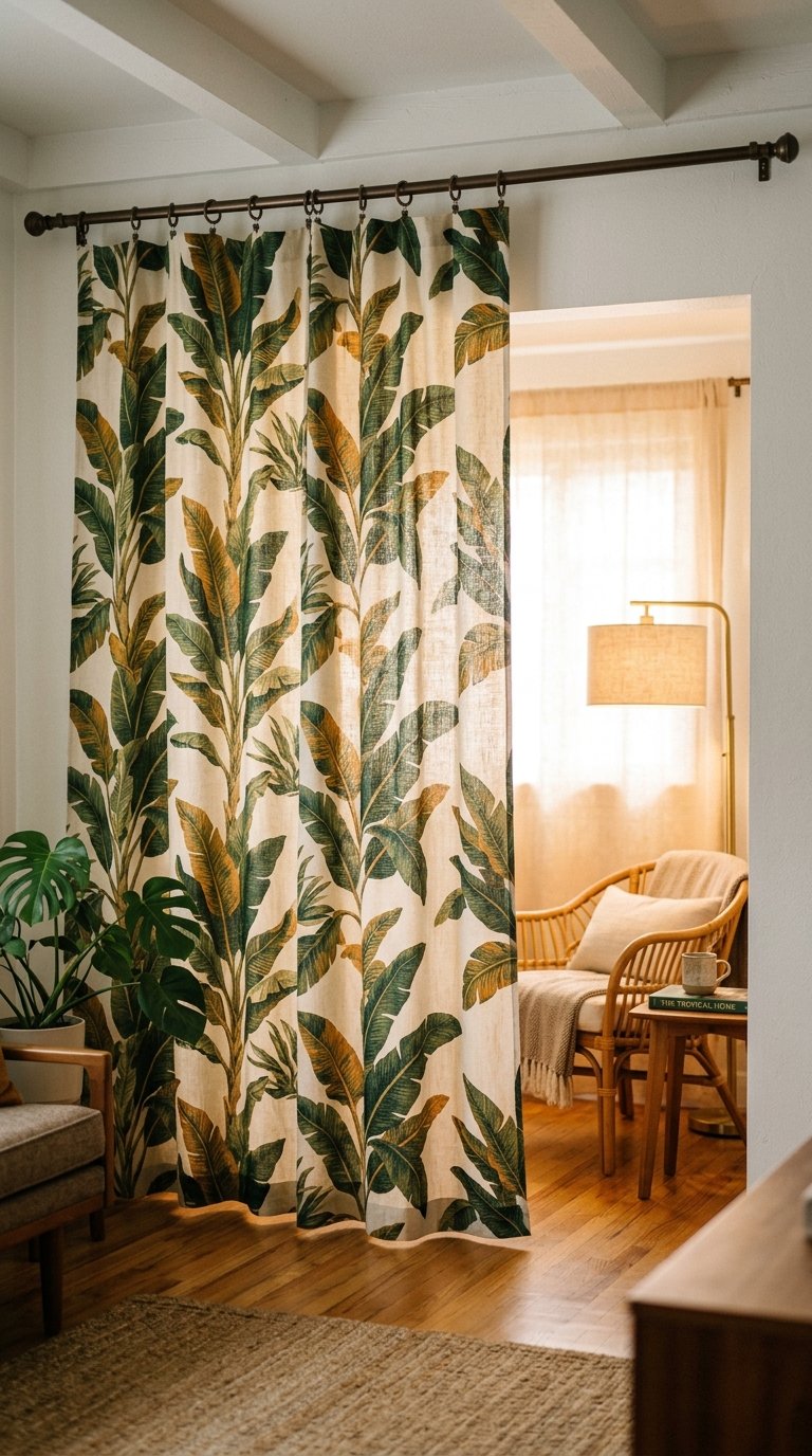 Use Tropical-Print Curtains as a Room Divider