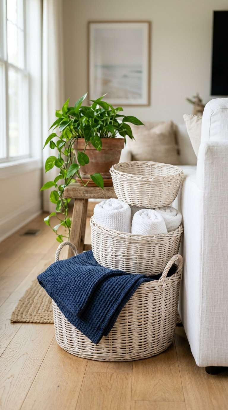 Use Woven Baskets in White and Natural Tones