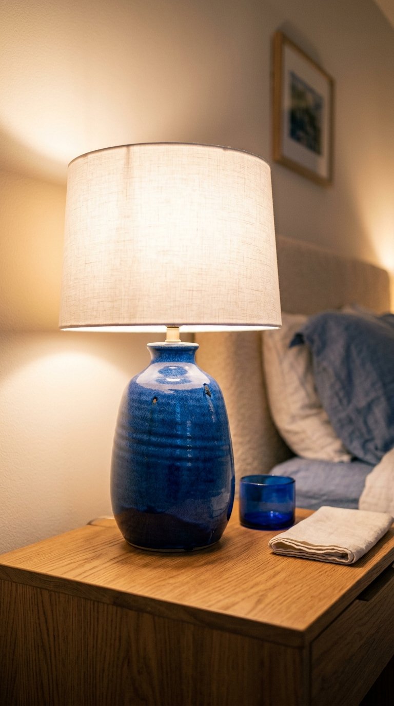 Use a Blue Ceramic Table Lamp as Your Bedside Light