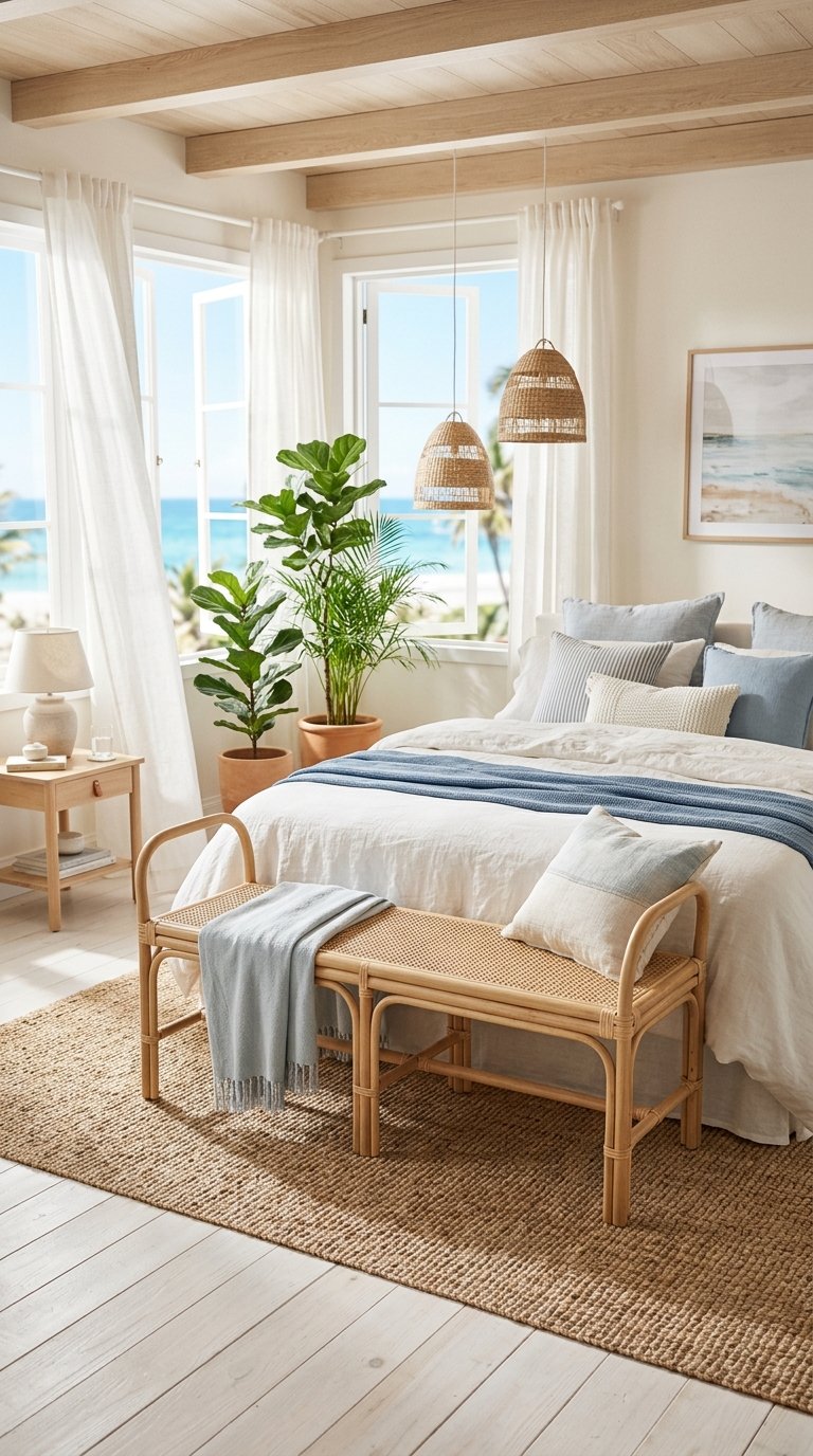 Use a Cane or Rattan Bench for a Coastal or Boho Aesthetic