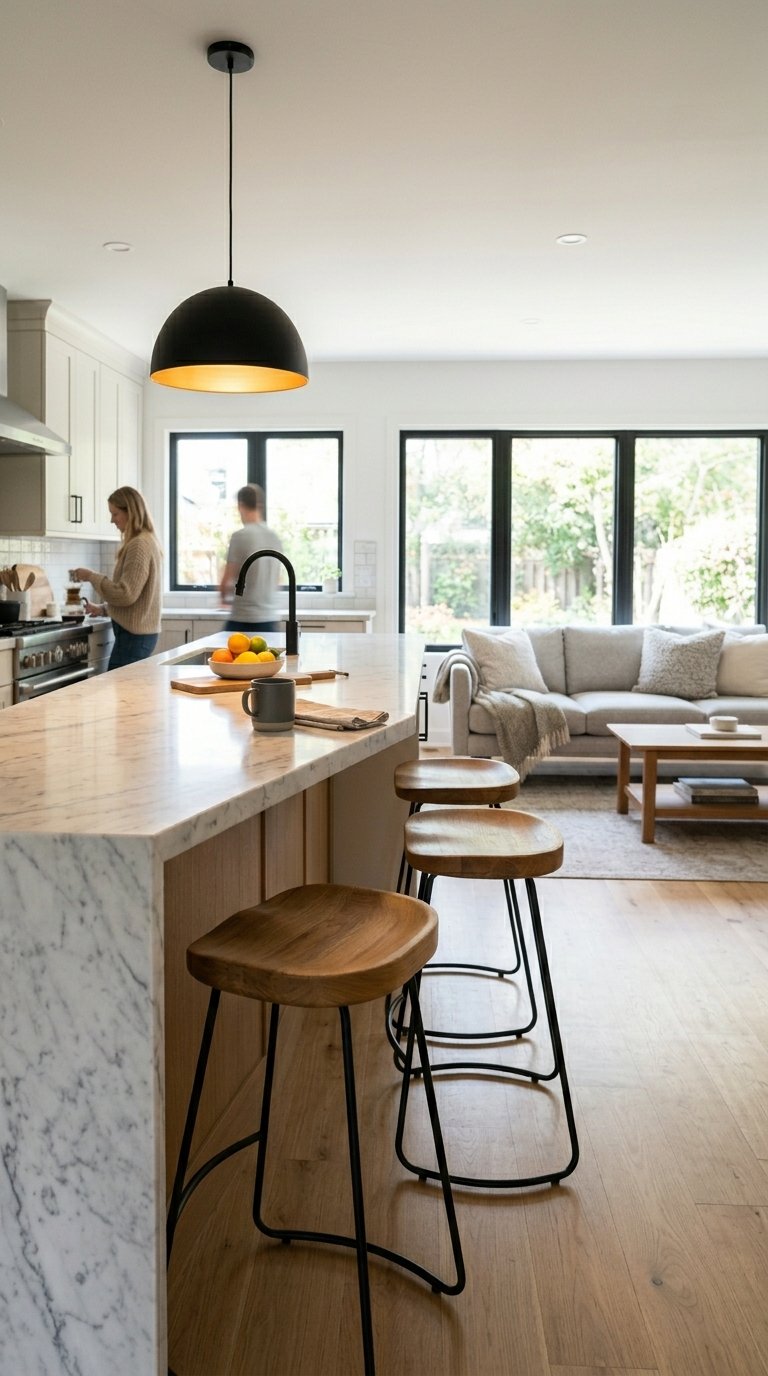 Use a Kitchen Island to Anchor the Living Room Boundary