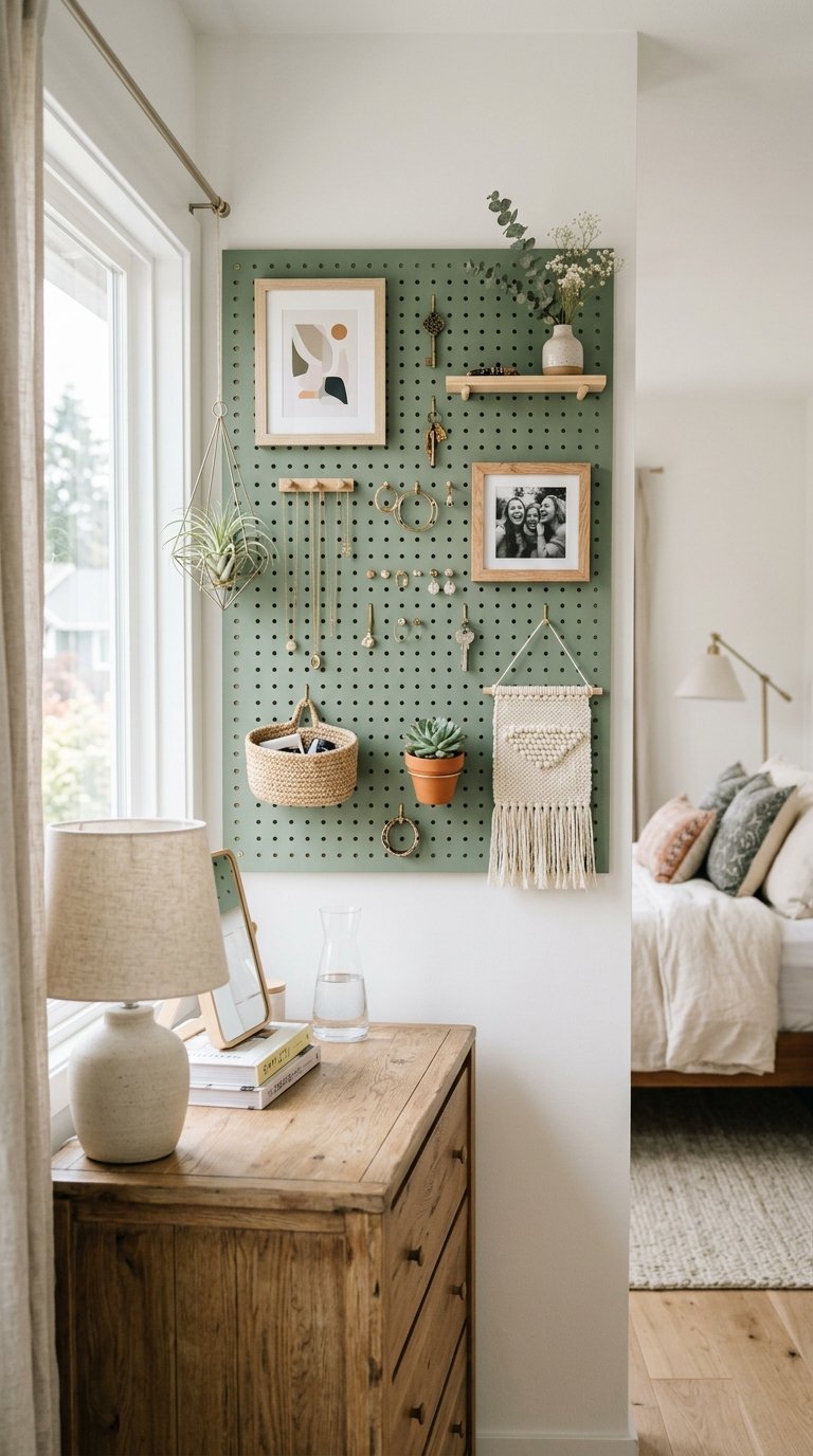 Use a Pegboard or Wall Grid for Functional Decor