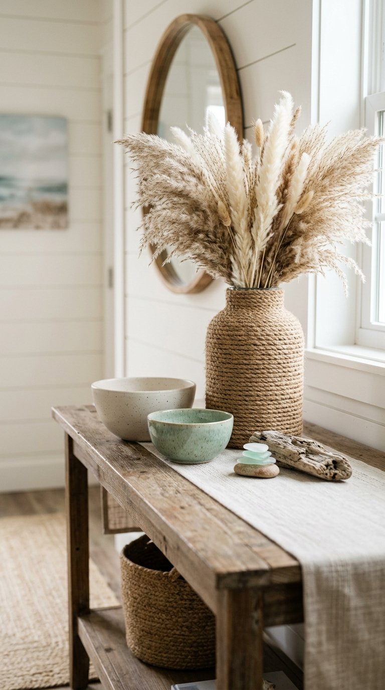 Use a Rope or Jute Wrapped Vase as a Coastal Accent Object