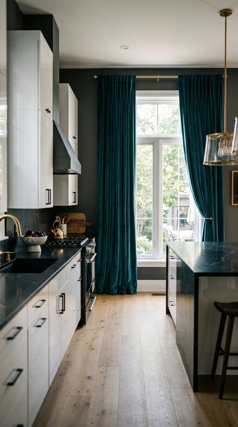 Velvet Curtains for a Dramatic, High-Contrast Kitchen