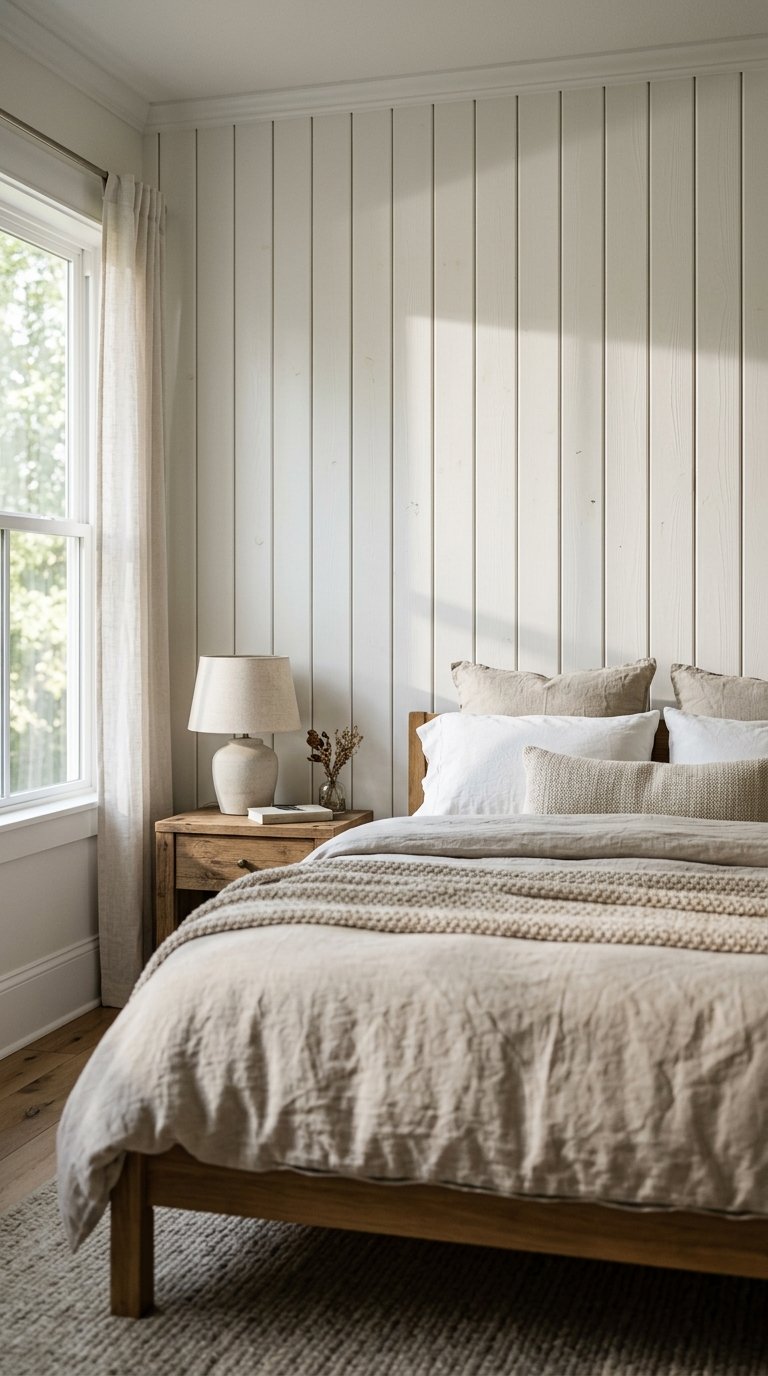 Vertical Shiplap Wall Behind the Bed
