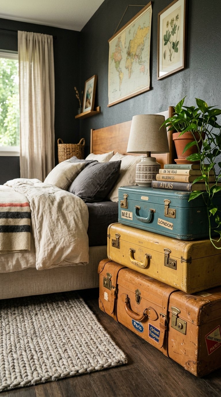 Vintage Suitcase Stack as Nightstand and Storage