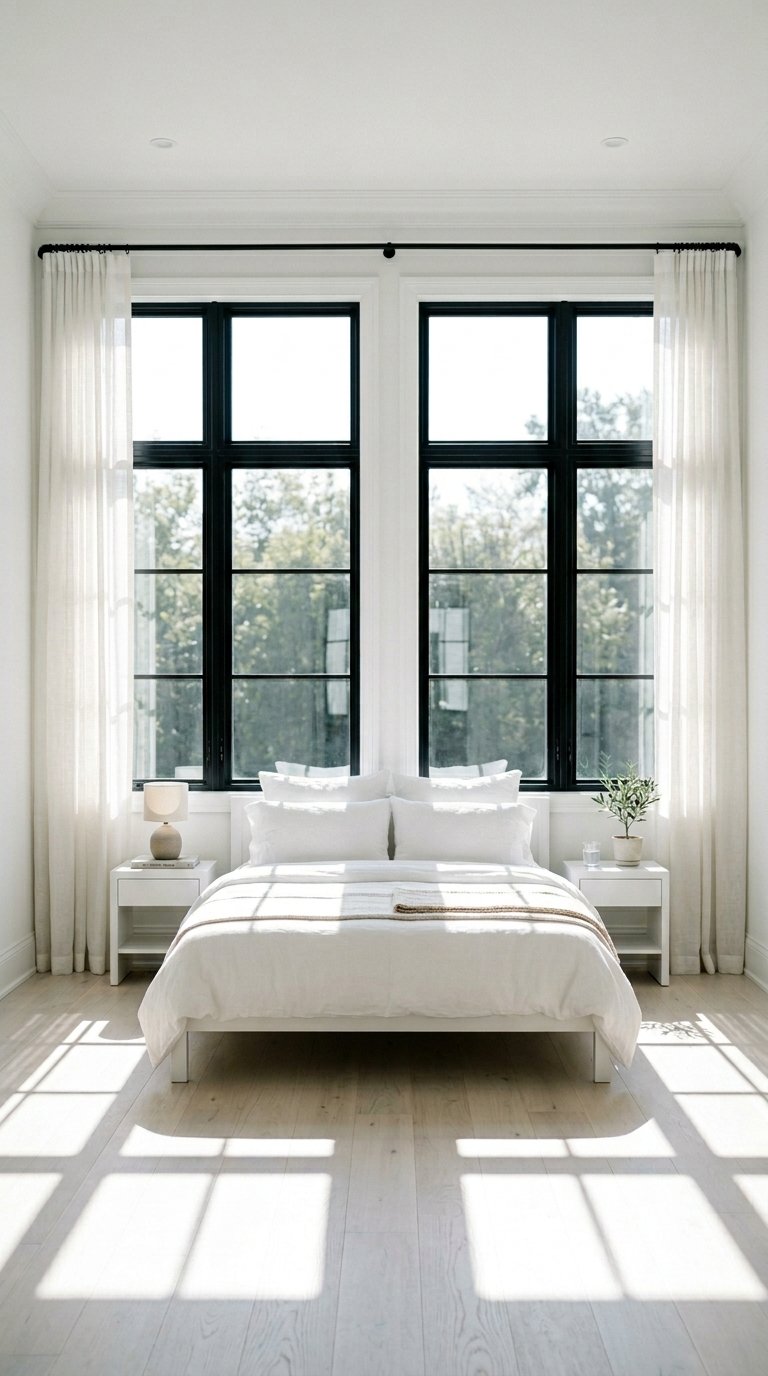 White Bedroom With Black Window Frames