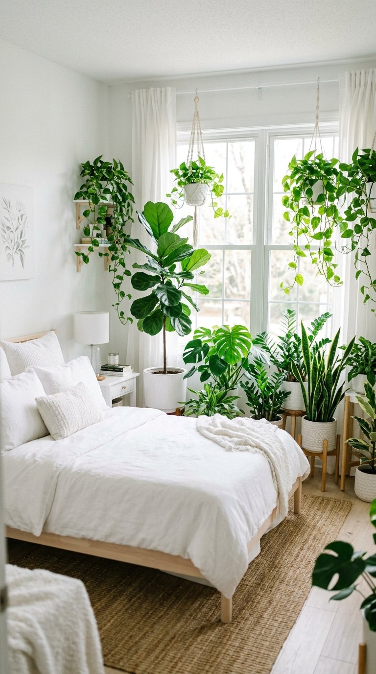 White Bedroom With Green Plants as the Primary Color Source