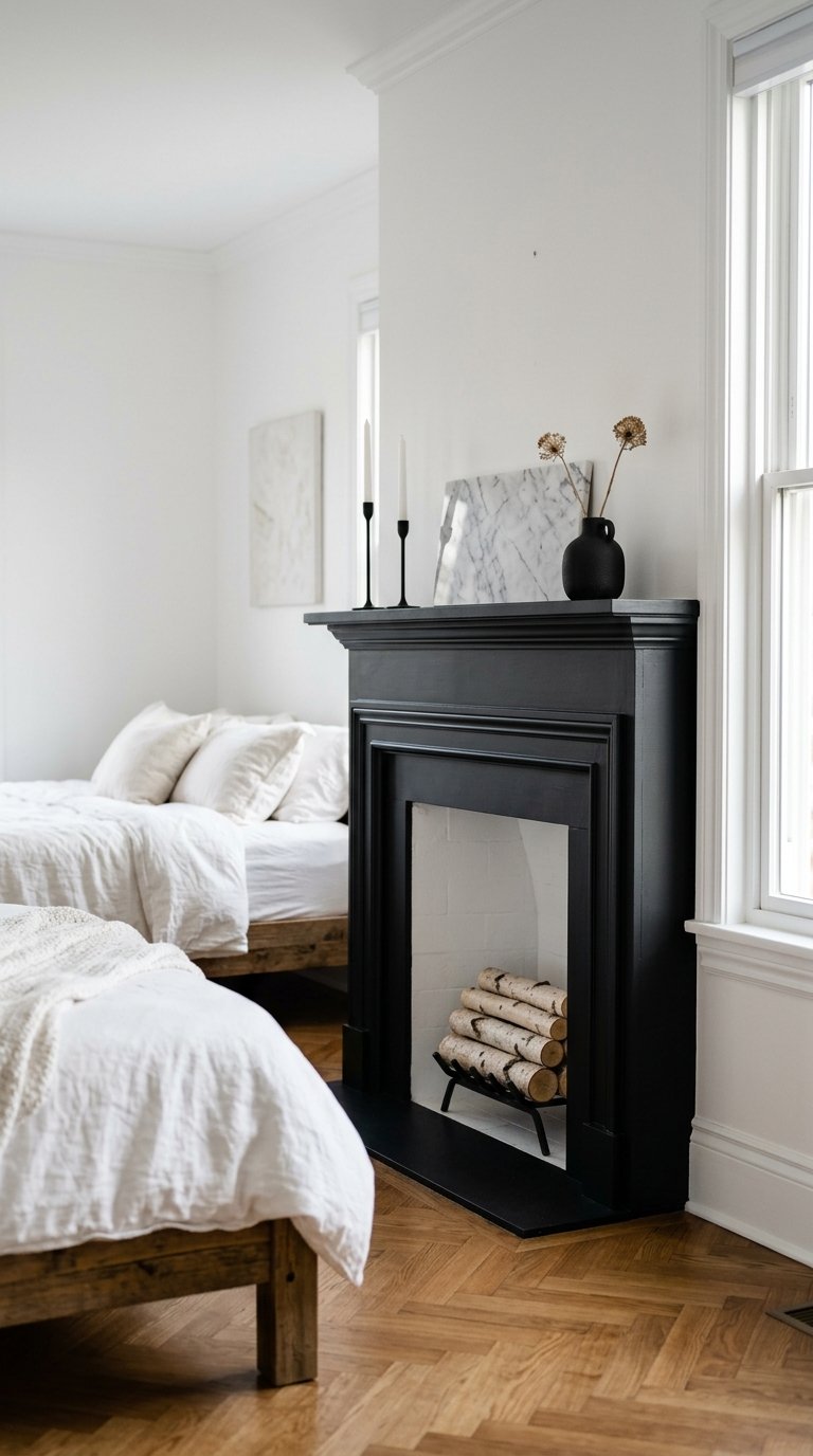 White Bedroom With a Black Fireplace Surround