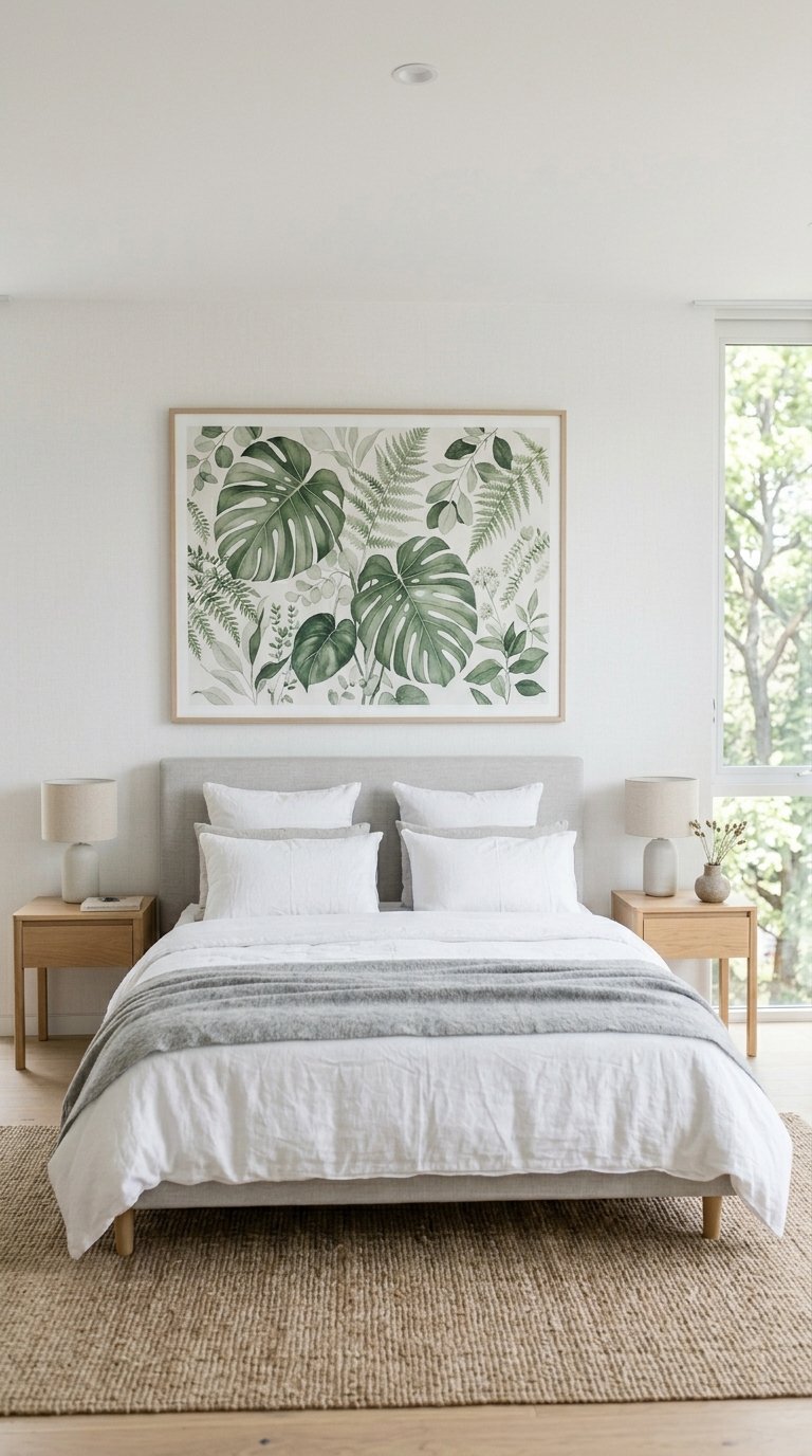 White Bedroom With a Single Green Statement Wall Art Piece