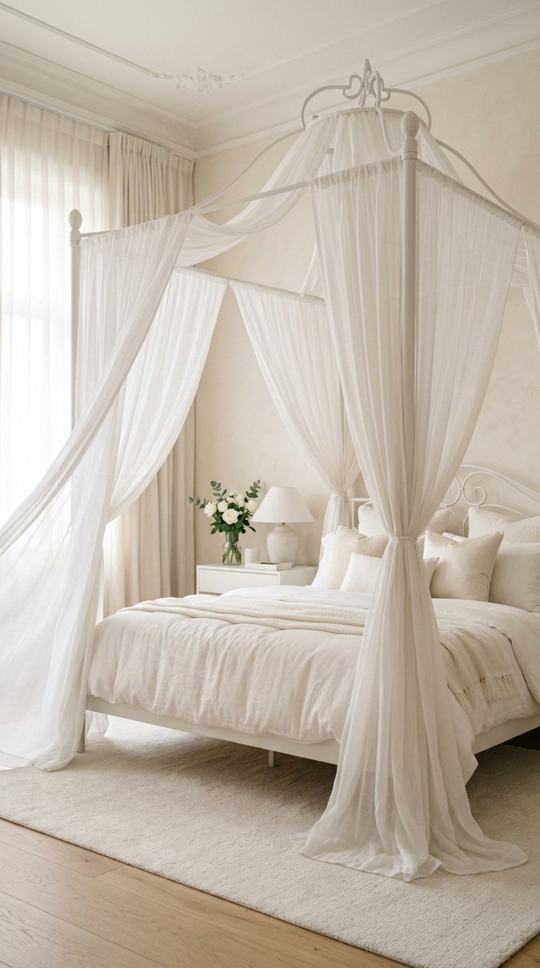White Canopy Bed Frame with Sheer White Drapes