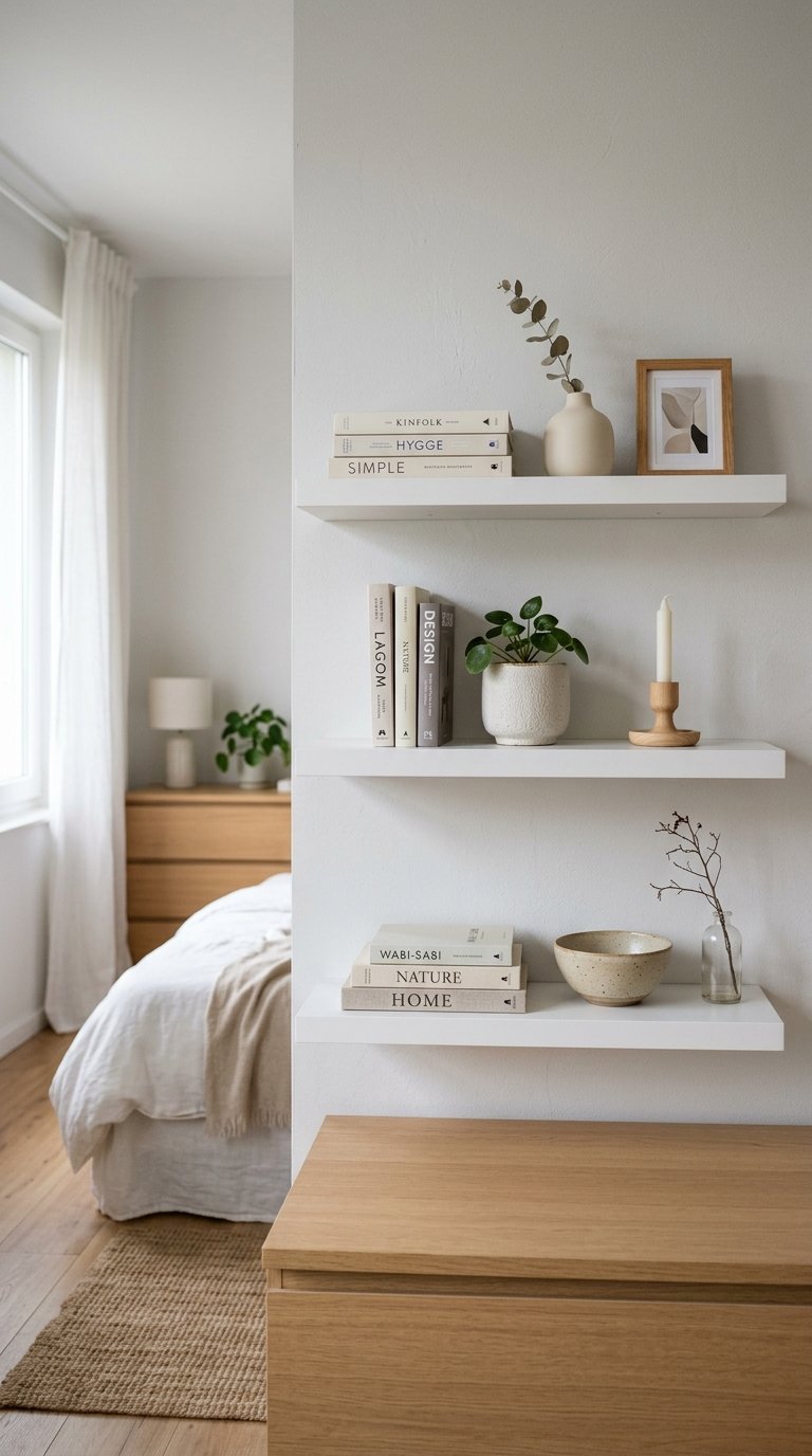 White Floating Shelves for a Minimalist Storage Wall