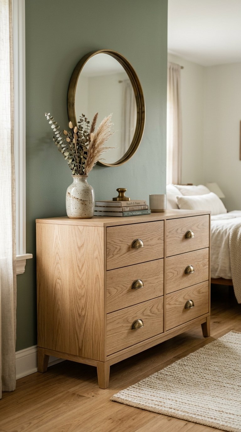 White Oak Furniture on Sage Green Walls for a Three-Tone Balance