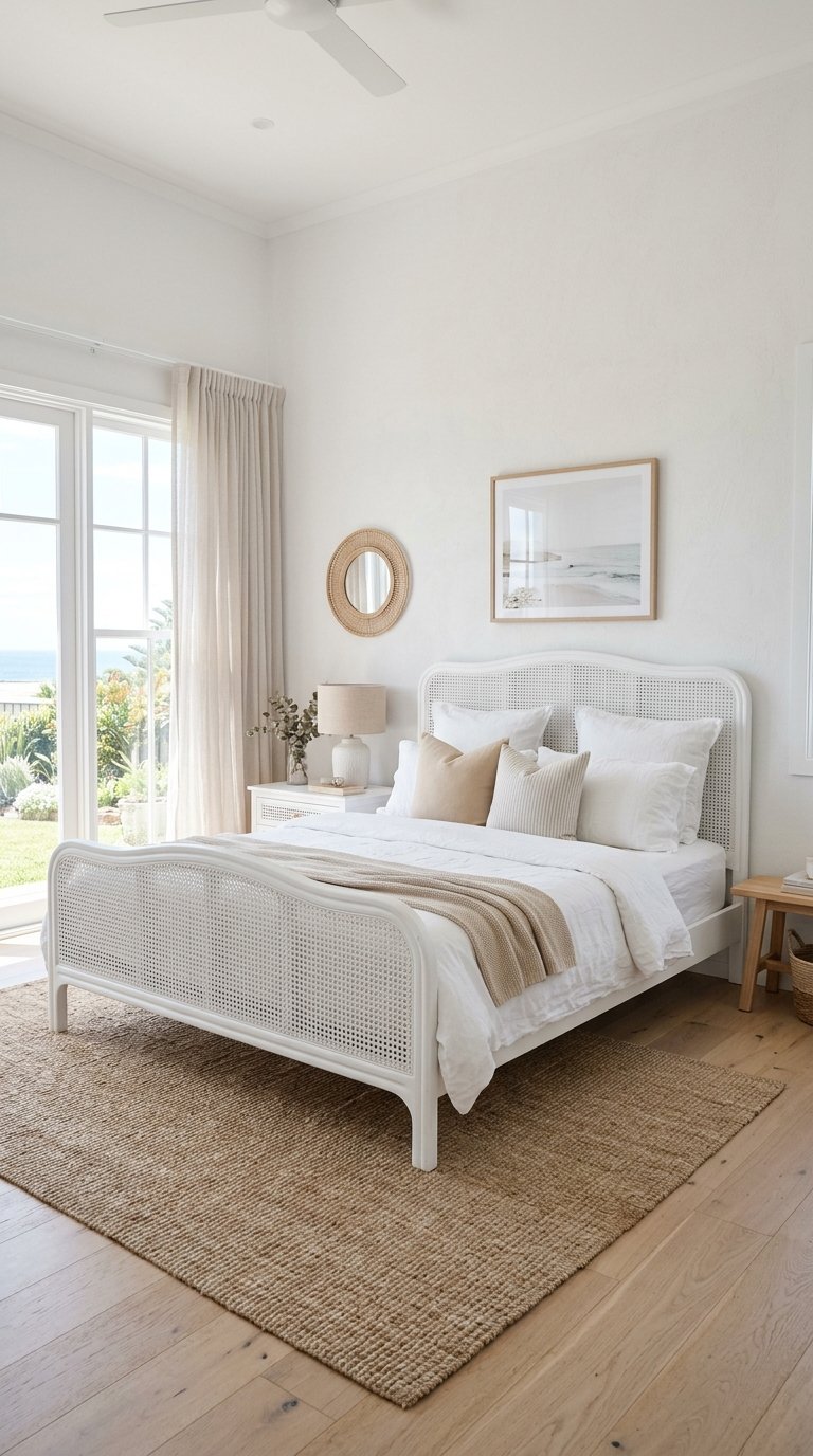 White Painted Cane or Rattan Bed Frame
