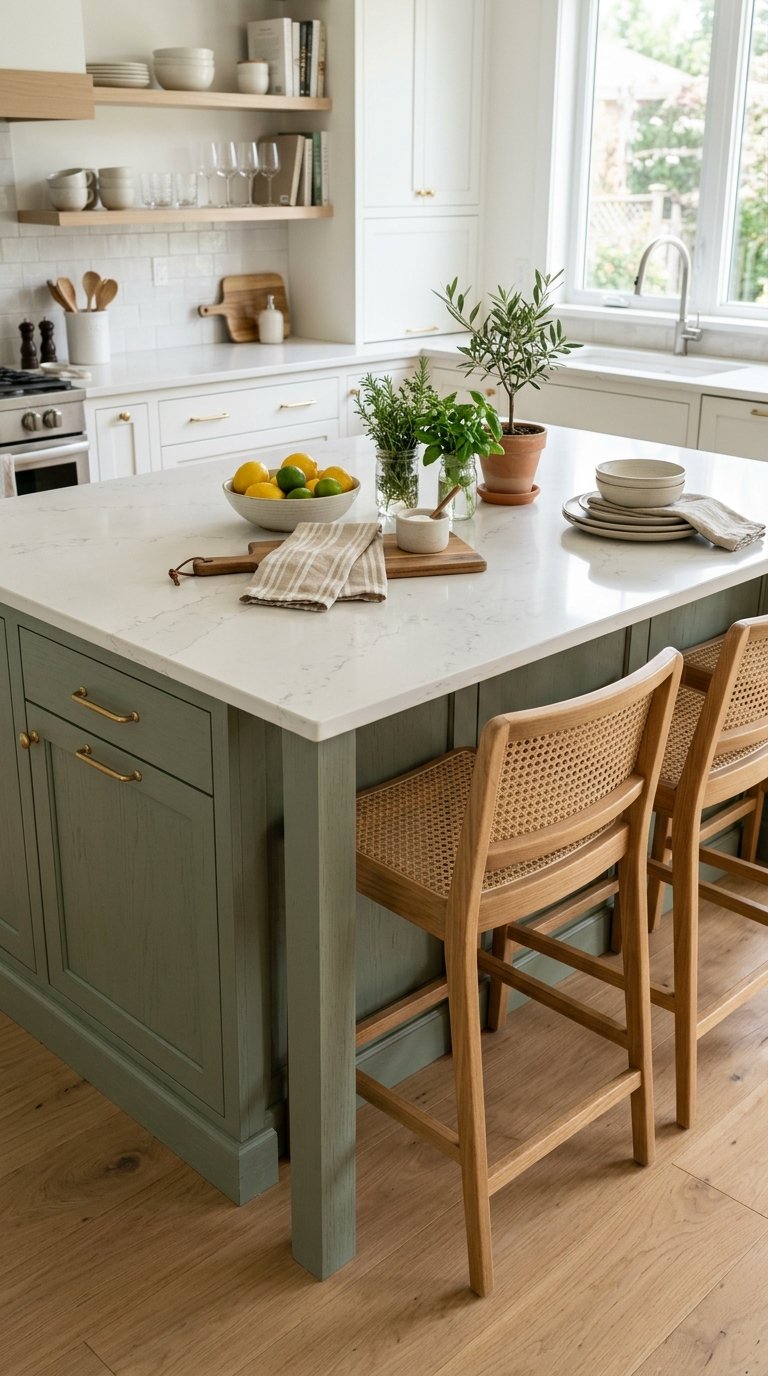 White Quartz Top on a Sage Green Island Base