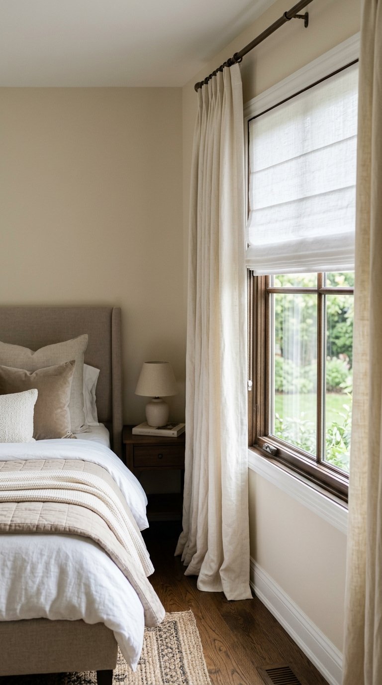 White Roman Shades with Cream Linen Curtain Panels