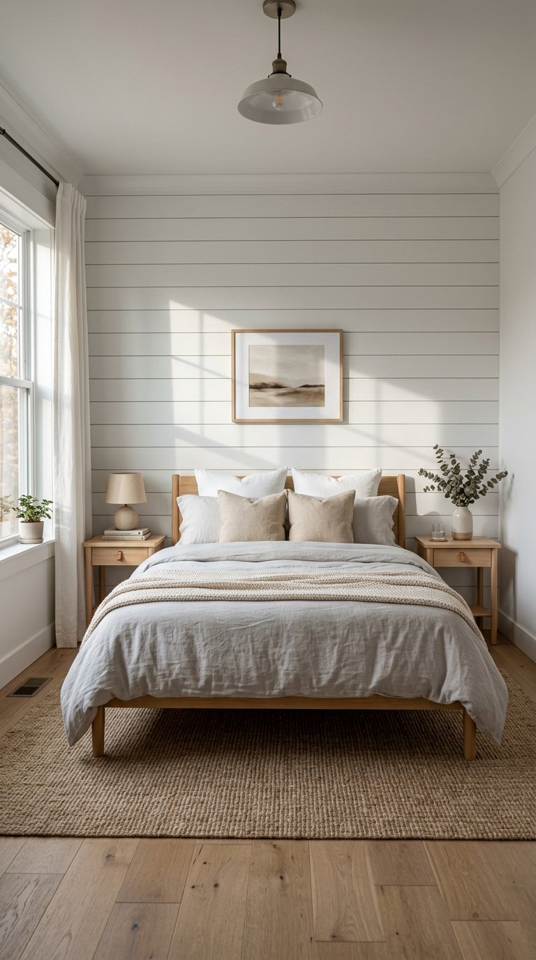 White Shiplap Accent Wall Behind the Bed