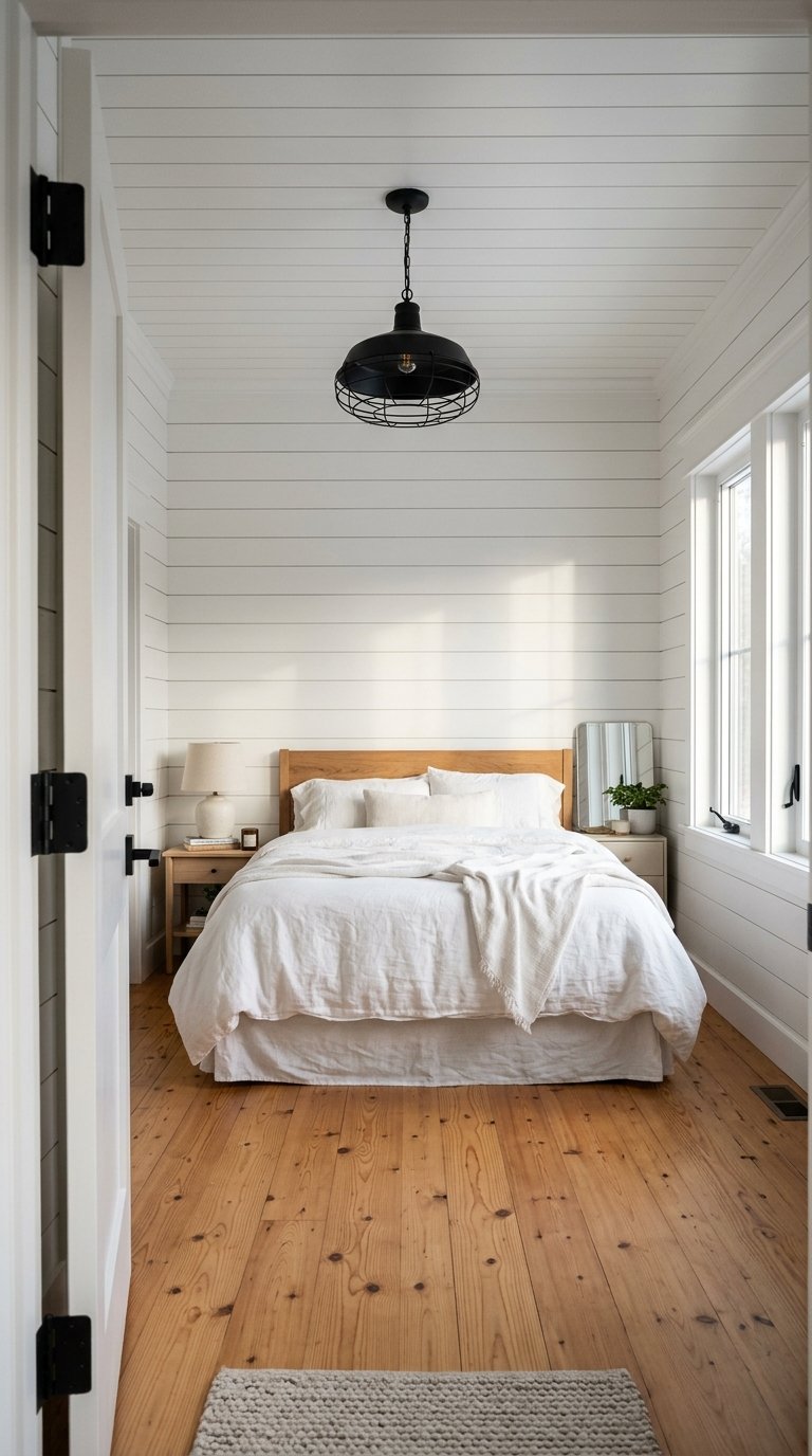  White Shiplap Bedroom Walls With Black Hardware and Fixtures