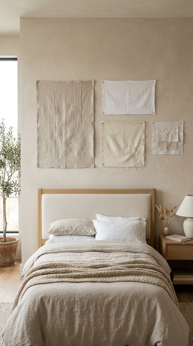 White and Cream Gallery Wall Using Unframed Linen Art