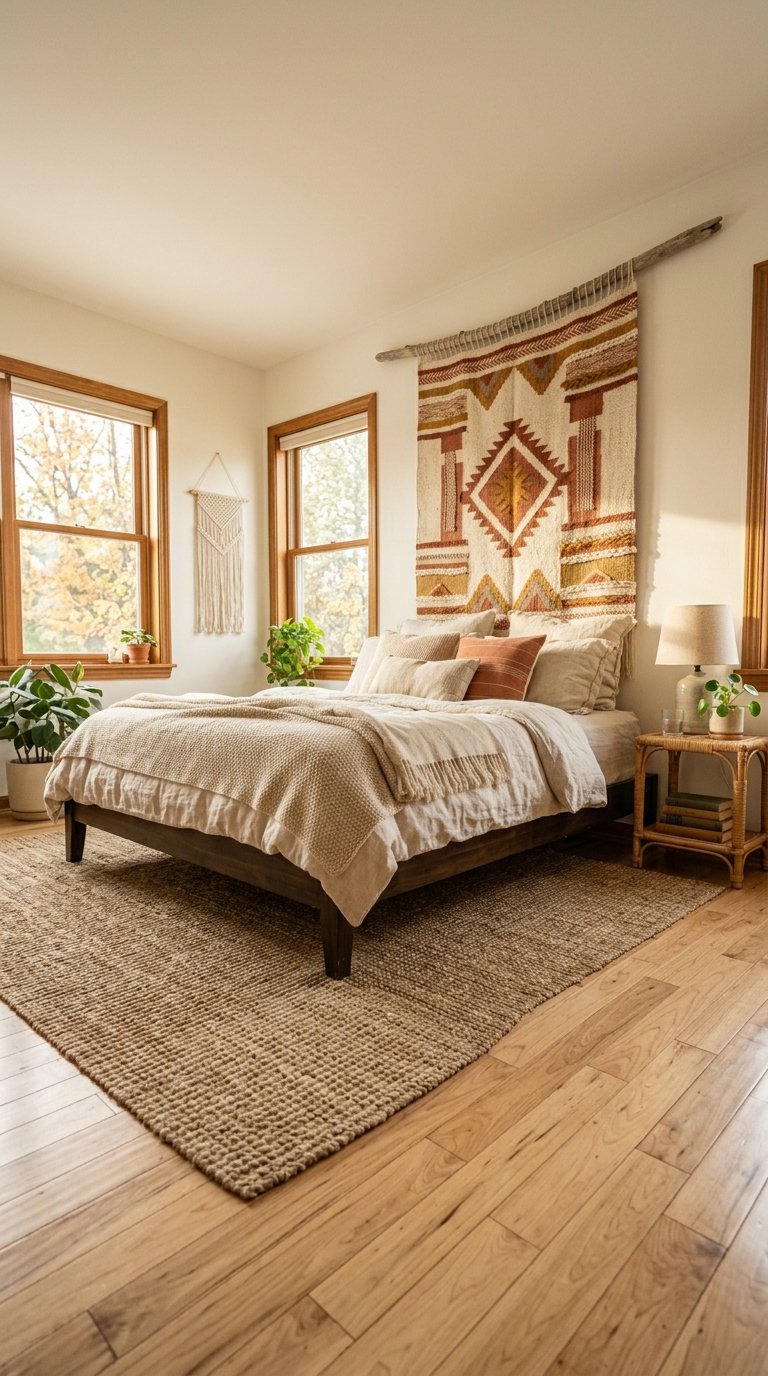 Woven Tapestry or Textile Hung Above the Bed
