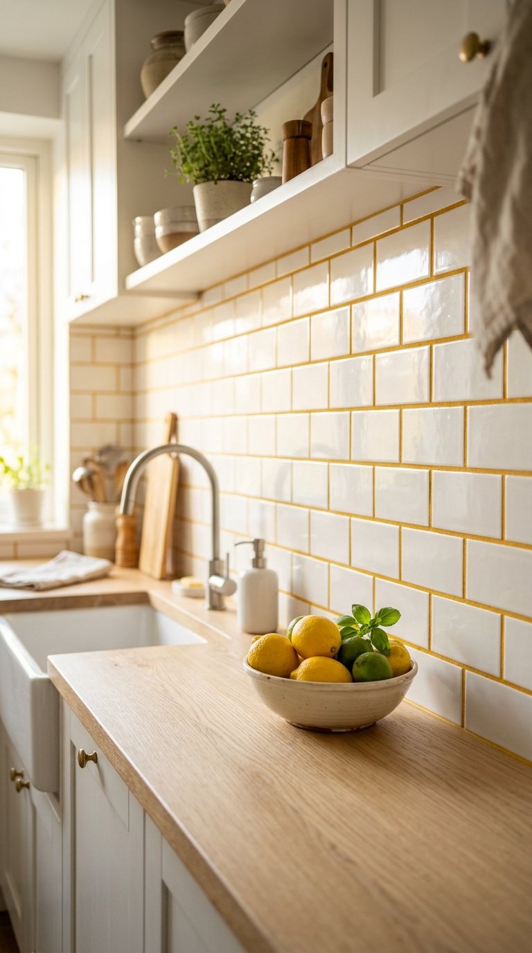 Yellow Grout in a White Tile Kitchen