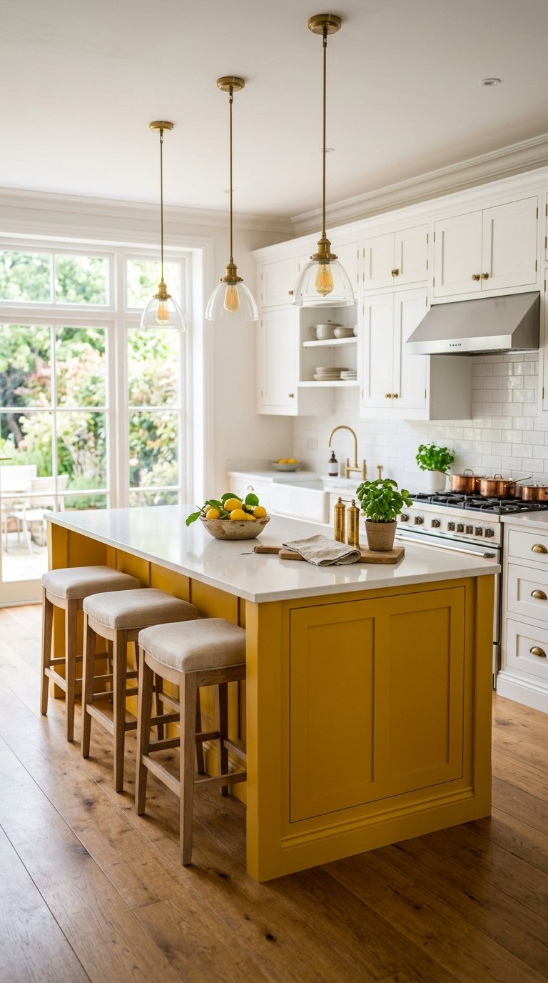 Yellow Kitchen Island in a White Kitchen