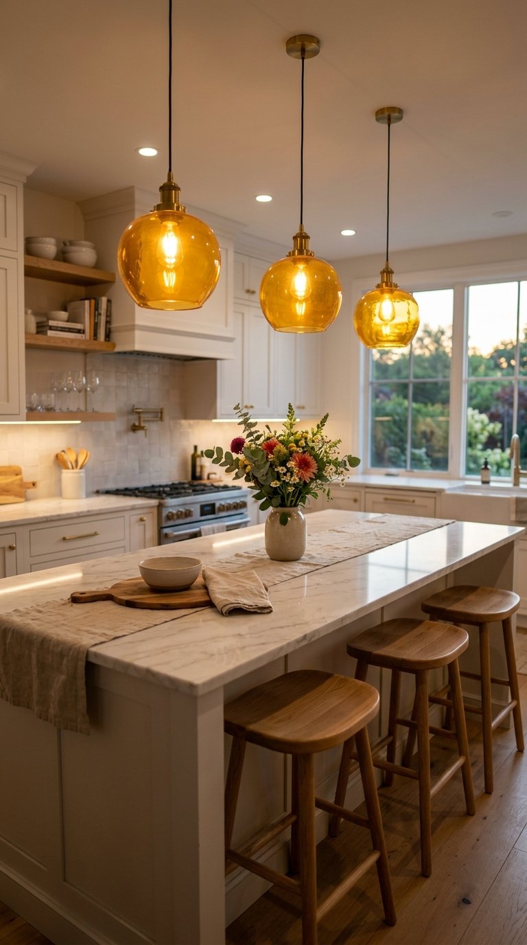 Yellow Pendant Lights Over a Kitchen Island