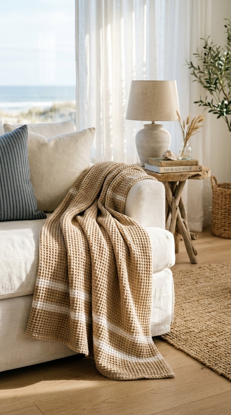 ring in Coastal Throw Blankets in Waffle Weave or Cotton Stripe